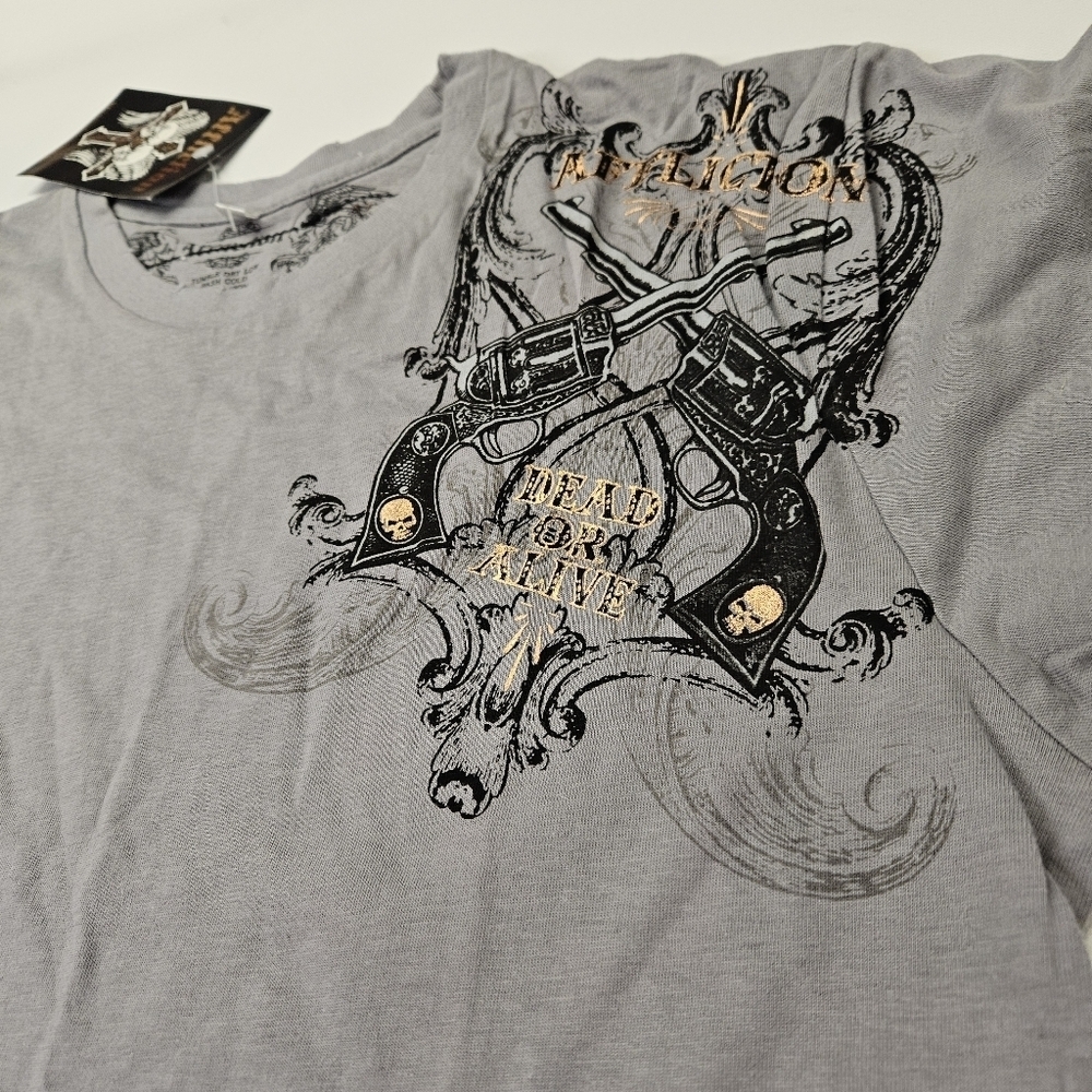 Affliction T-Shirt "DEAD OR ALIVE" Large Grey NWT Pistols - Picture 6 of 8